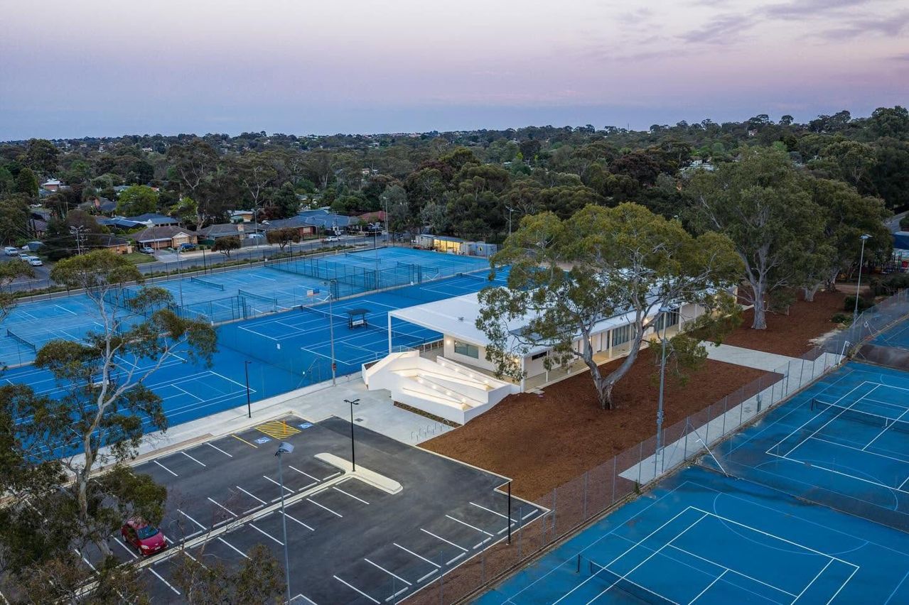 The court complex at Tea Tree Gully Tennis Club, seen from the clubhouse side